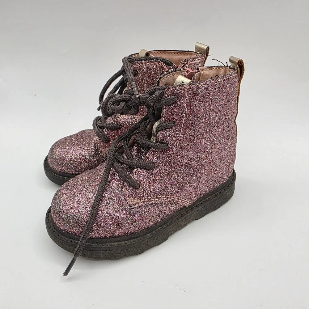 Carters Zola Pink Glitter Lace Up Side‎ Zip Combat Boots Girls Size 7M CF21N04B